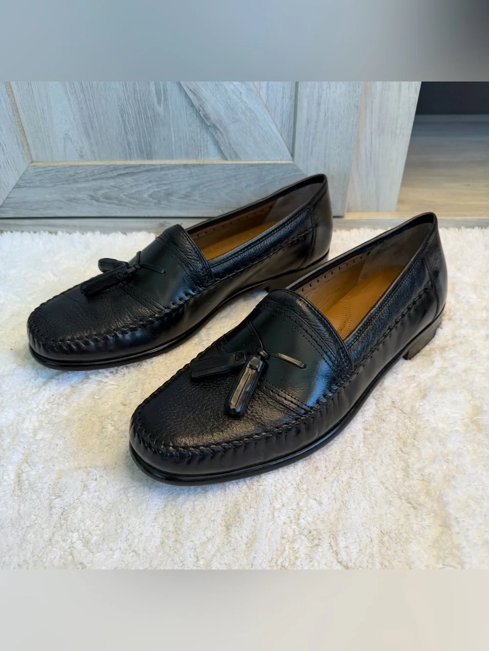 Brass Boot Loafers Black Leather Tassel Moc Round Toe Shoes Size 11.5
